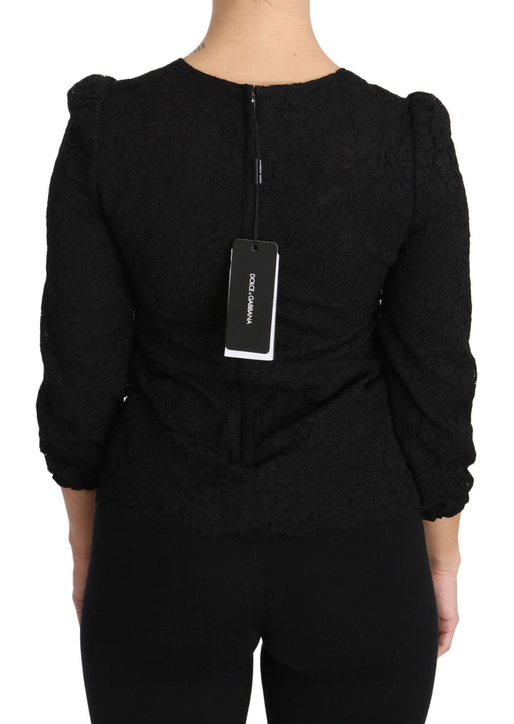 Elegant black blouse with floral round neck