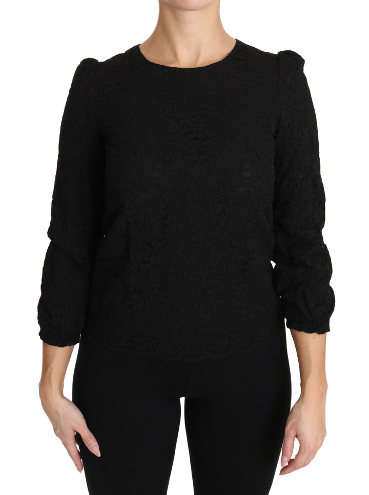 Elegant black blouse with floral round neck