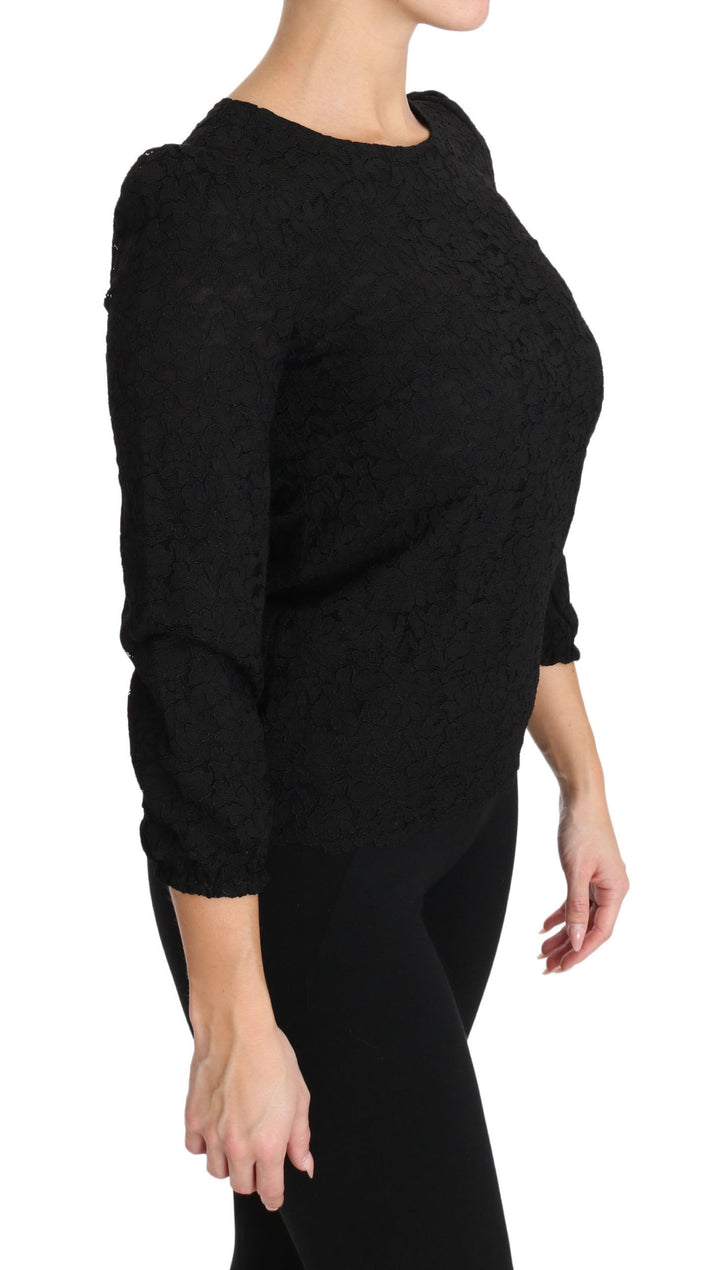 Elegant black blouse with floral round neck