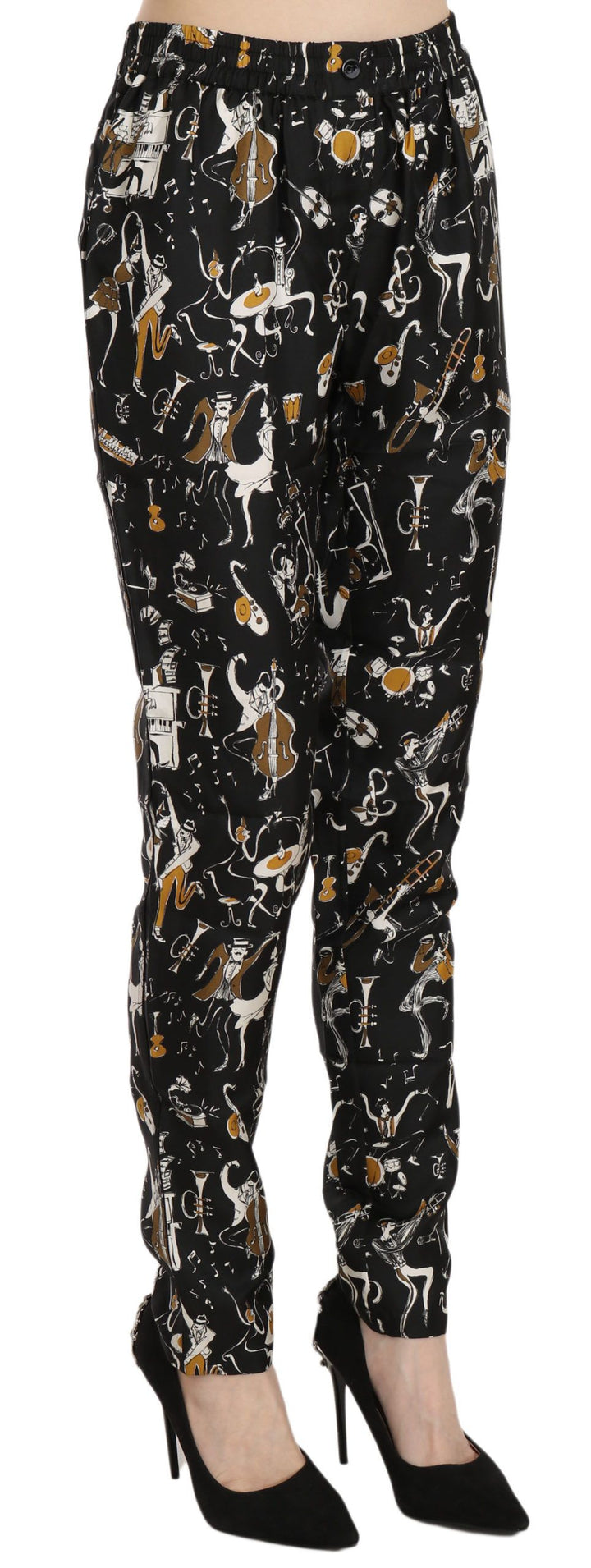 Schwarze Jazz Club Print Tapered Pants mit hoher Taille