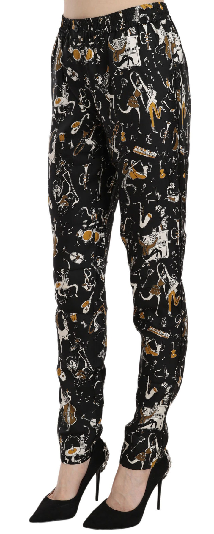 Schwarze Jazz Club Print Tapered Pants mit hoher Taille