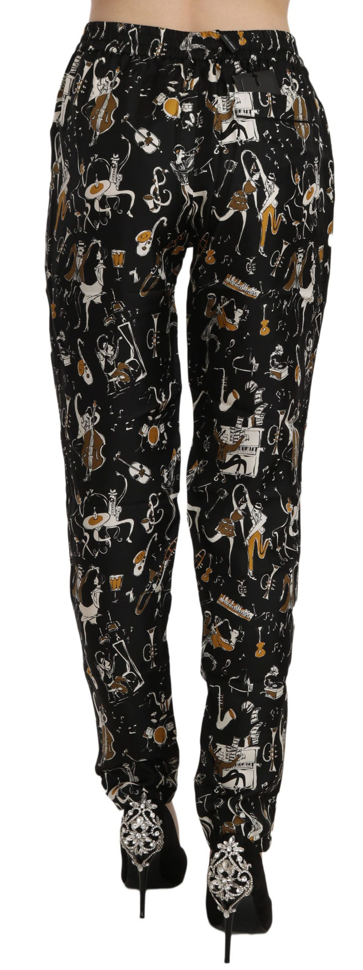 Schwarze Jazz Club Print Tapered Pants mit hoher Taille