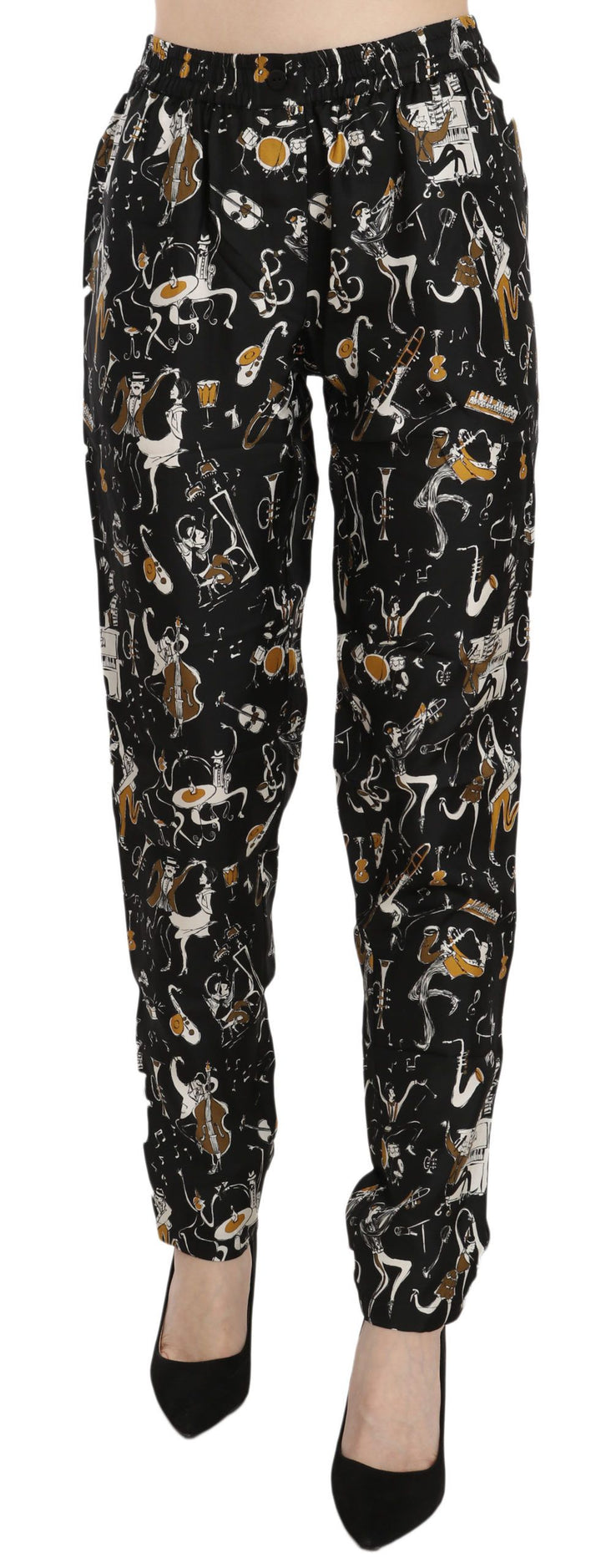 Schwarze Jazz Club Print Tapered Pants mit hoher Taille