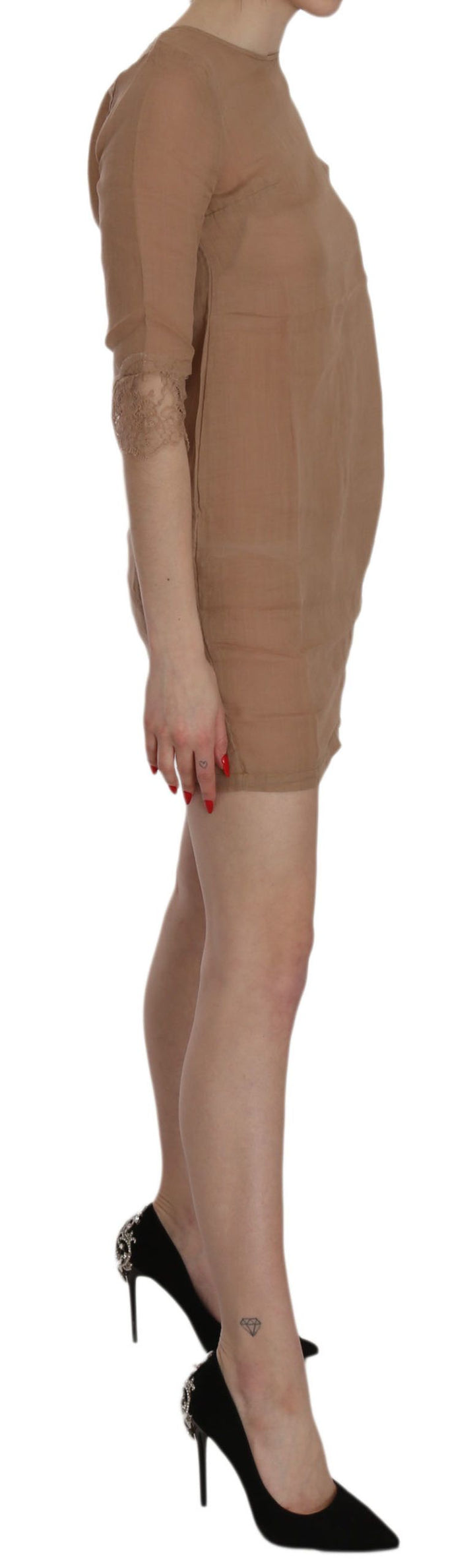Braunes 3/4-Ärmel-Shift-Minikleid mit Rundhalsausschnitt