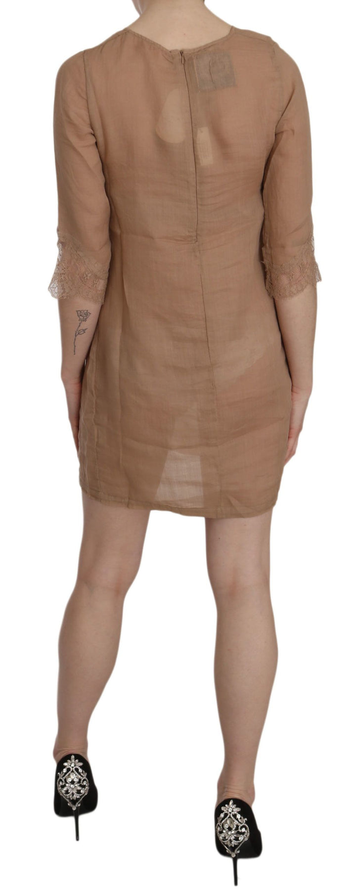 Braunes 3/4-Ärmel-Shift-Minikleid mit Rundhalsausschnitt
