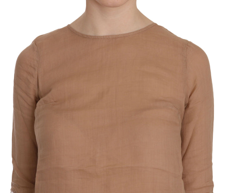 Braunes 3/4-Ärmel-Shift-Minikleid mit Rundhalsausschnitt