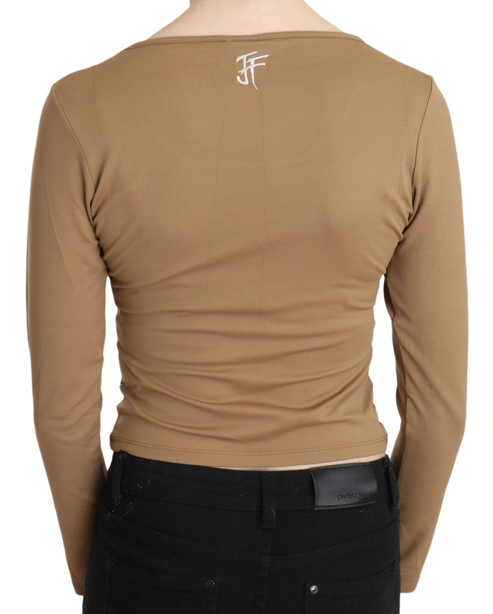 Brauner Rundhalsausschnitt Langärmliges schmales Crop-Top Bluse