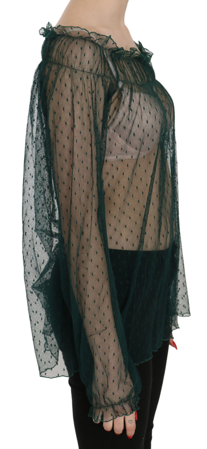 Grünes Mesh-See-Through-Top mit langen Ärmeln Bluse
