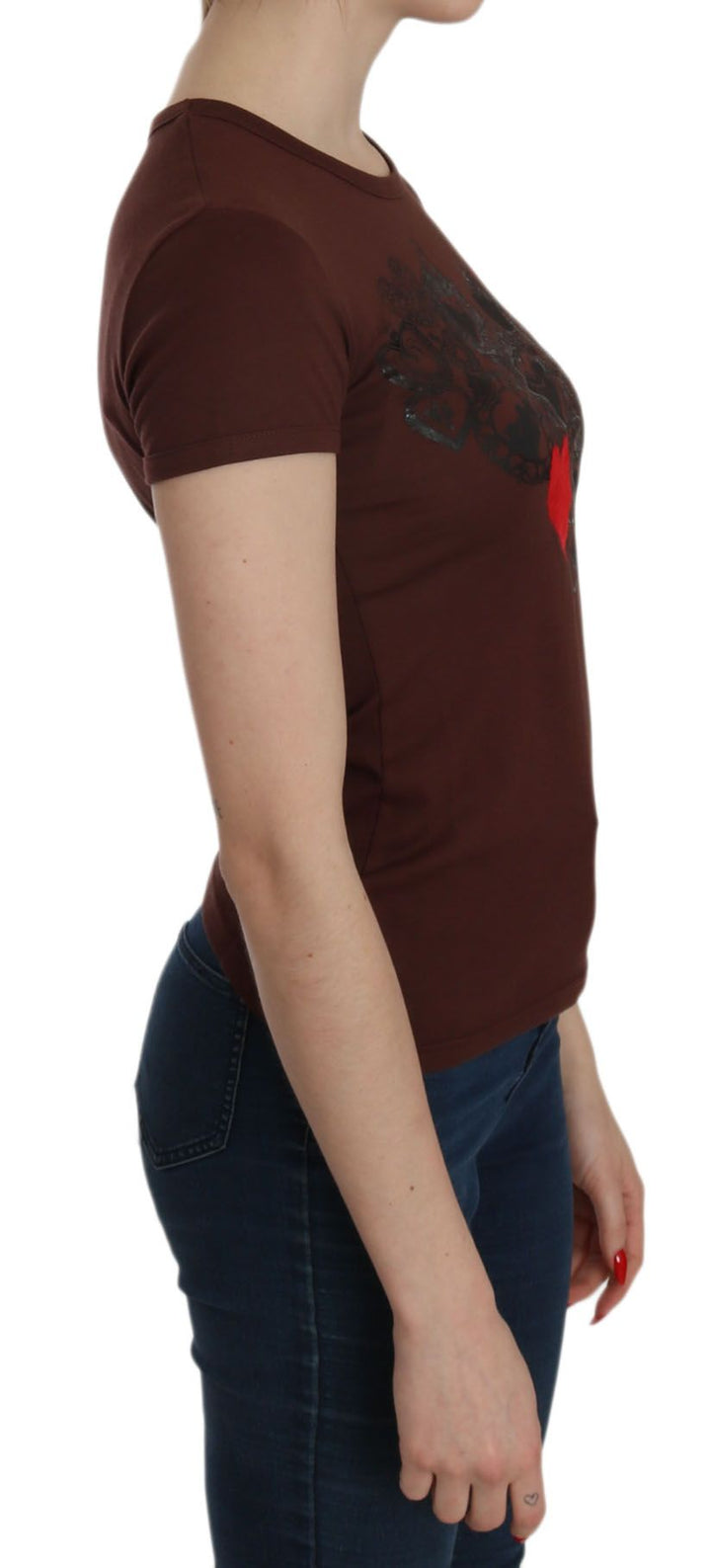 Braunes Herz Print Rundhals-T-Shirt Kurzarm-Bluse