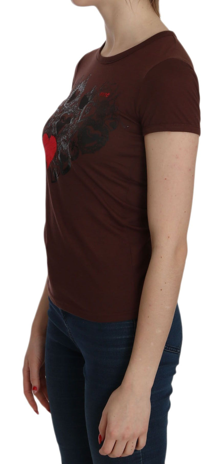 Braunes Herz Print Rundhals-T-Shirt Kurzarm-Bluse