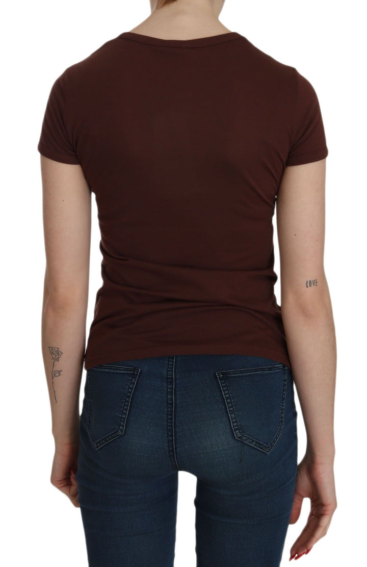 Braunes Herz Print Rundhals-T-Shirt Kurzarm-Bluse