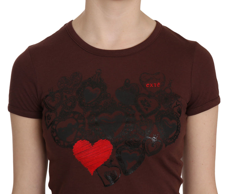 Braunes Herz Print Rundhals-T-Shirt Kurzarm-Bluse