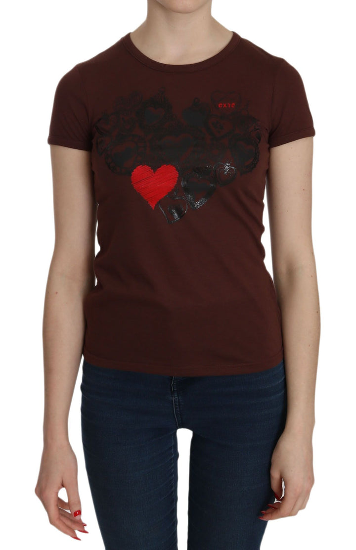Braunes Herz Print Rundhals-T-Shirt Kurzarm-Bluse