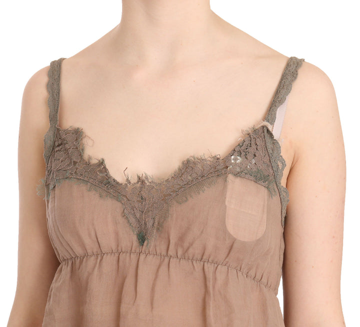 Braunes Spitzen-Spaghettiträger-Top mit tiefem Ausschnitt Bluse