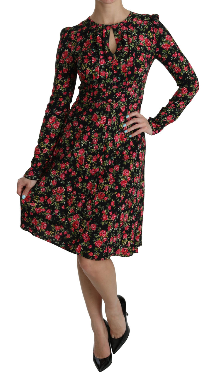 Knee-length dress with floral A-line made of viscose