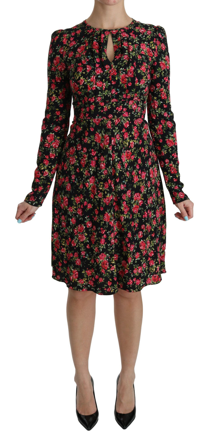 Knee-length dress with floral A-line made of viscose
