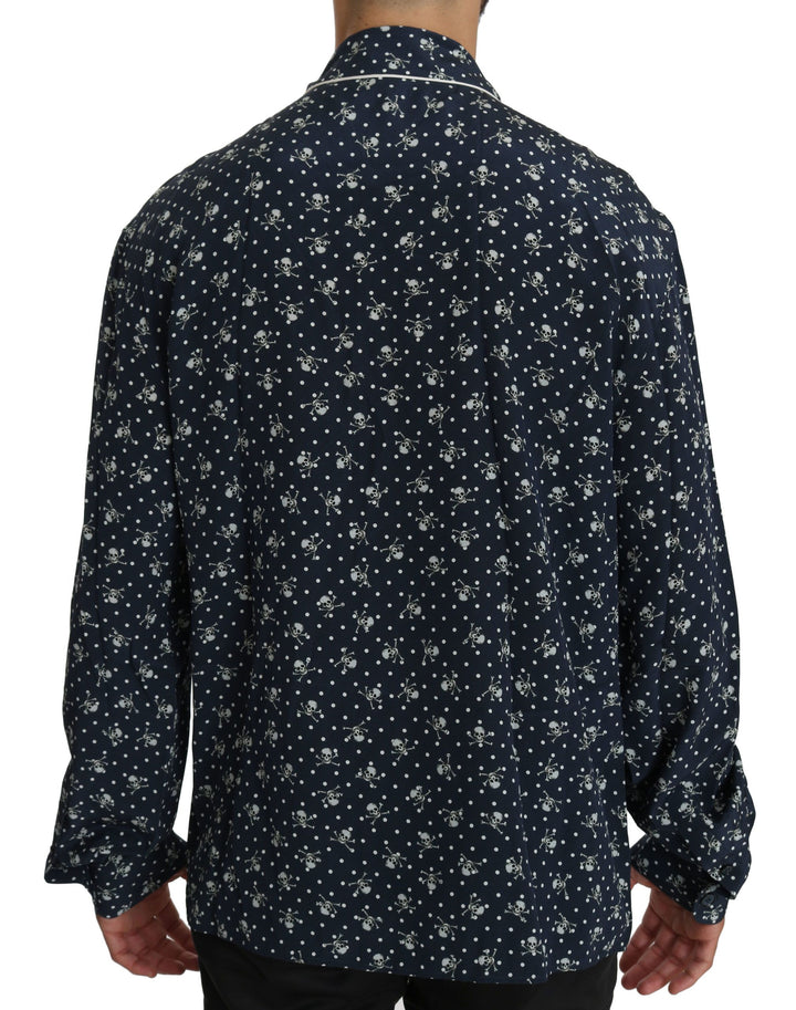 Blaues Seidentop mit Totenkopfdruck Nachtwäsche Shirt
