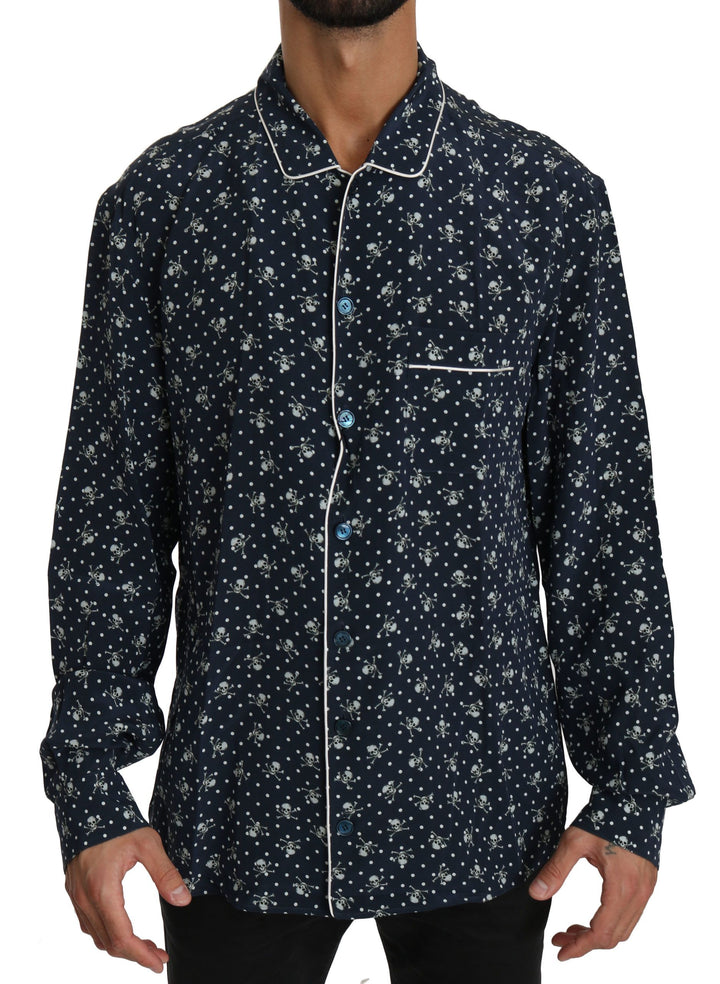 Blaues Seidentop mit Totenkopfdruck Nachtwäsche Shirt