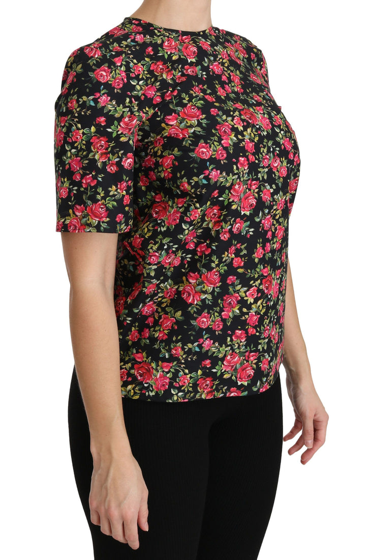 Elegant Black Floral Round Neck Top