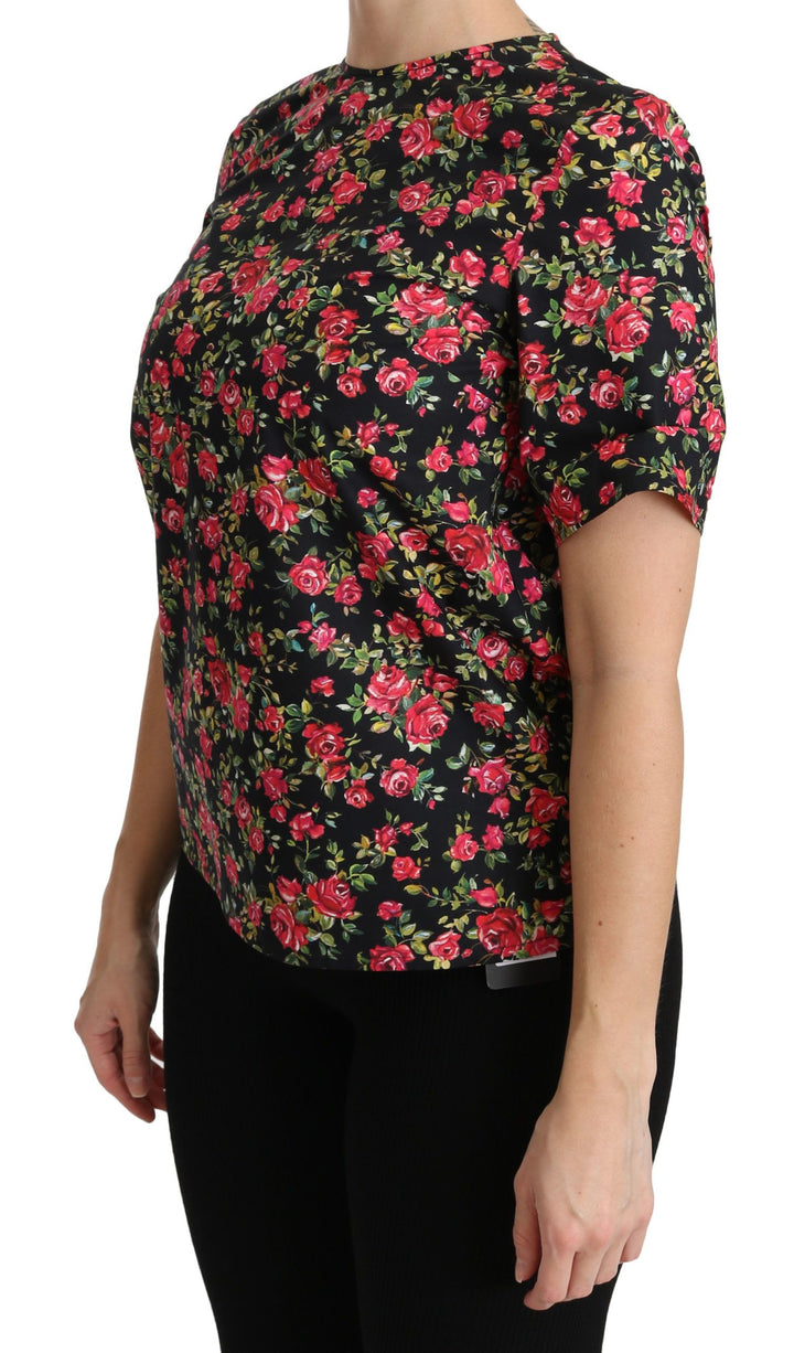 Elegant Black Floral Round Neck Top