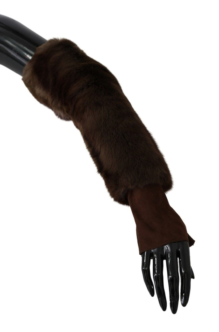 Braune ellenbogenlange fingerlose Pelzhandschuhe