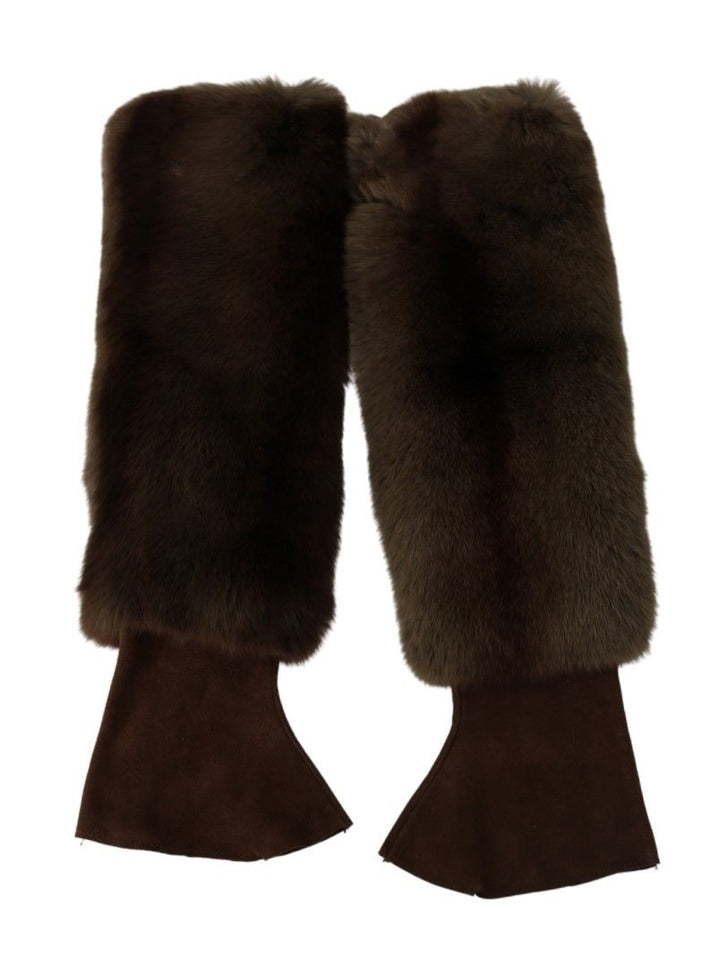Braune ellenbogenlange fingerlose Pelzhandschuhe