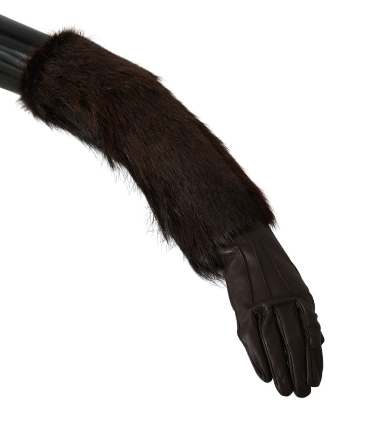 Braun Ellenbogenlänge Fäustlinge Leder Pelz Handschuhe
