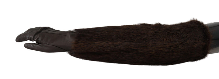 Braun Ellenbogenlänge Fäustlinge Leder Pelz Handschuhe
