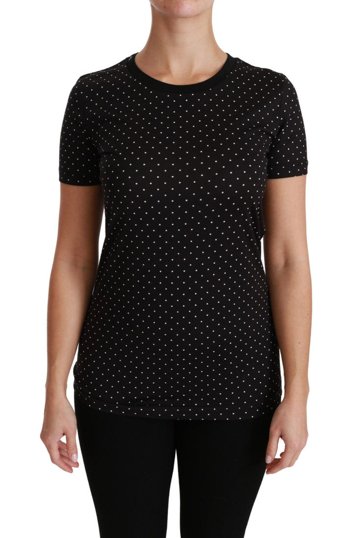 Chic black polka dot cotton T-shirt with round neck