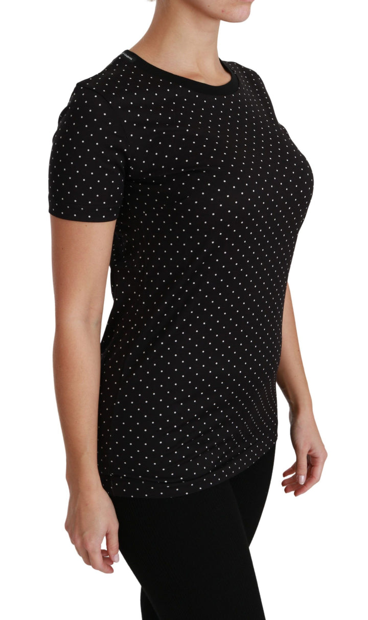 Chic black polka dot cotton T-shirt with round neck