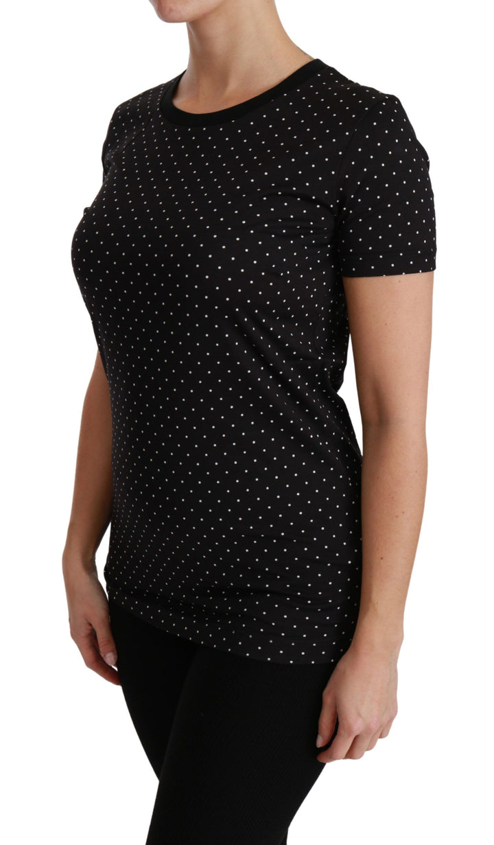Chic black polka dot cotton T-shirt with round neck