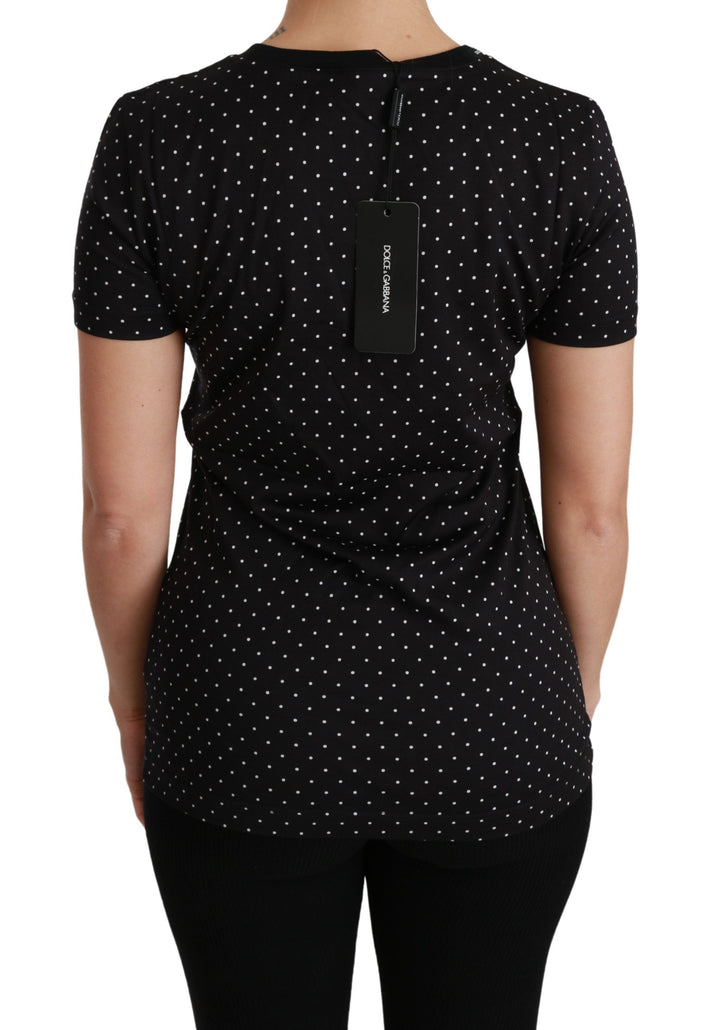 Chic black polka dot cotton T-shirt with round neck