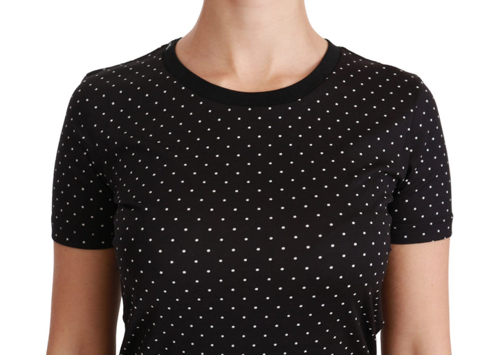 Chic black polka dot cotton T-shirt with round neck