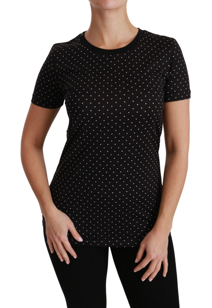 Chic black polka dot cotton T-shirt with round neck