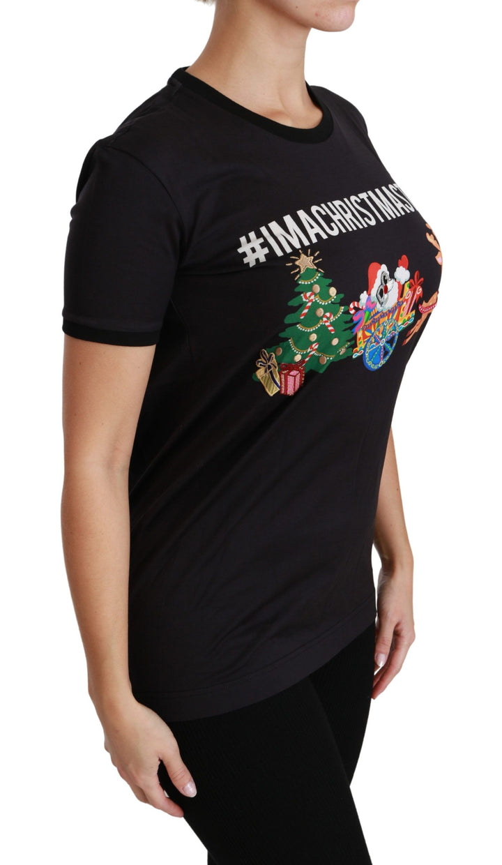 Black cotton T-shirt with round neck and unique print