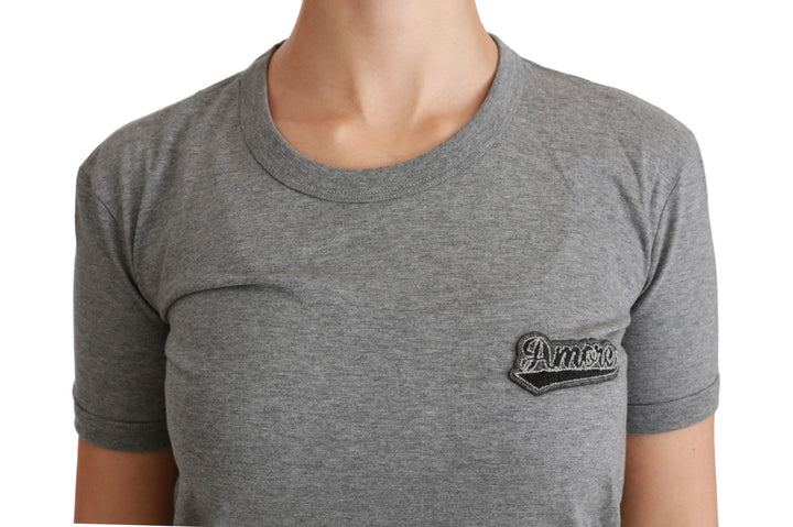 Graues Amore Patch Baumwoll-T-Shirt mit Rundhalsausschnitt