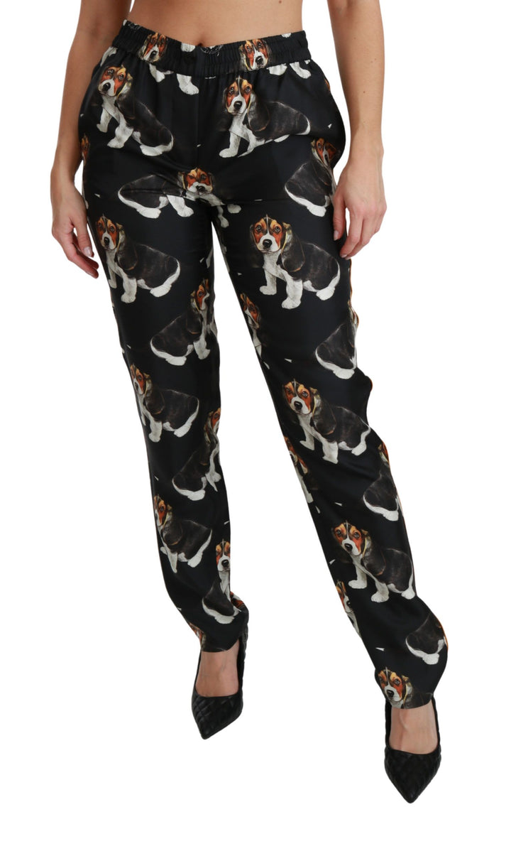 Elegant silk trousers with puppy dog print
