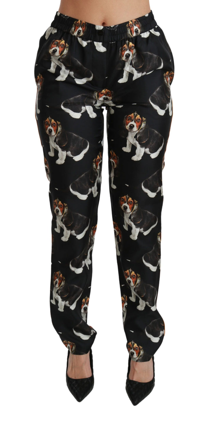 Elegant silk trousers with puppy dog print
