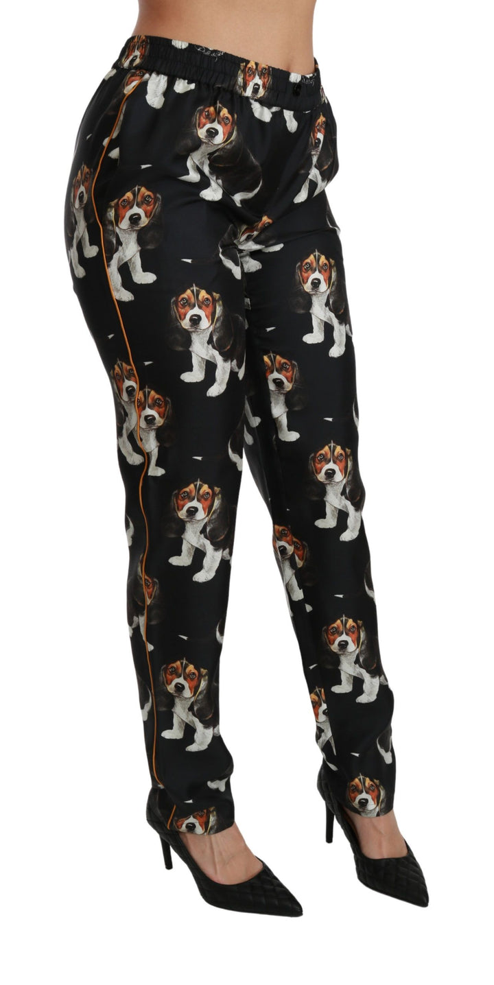 Elegant silk trousers with puppy dog print