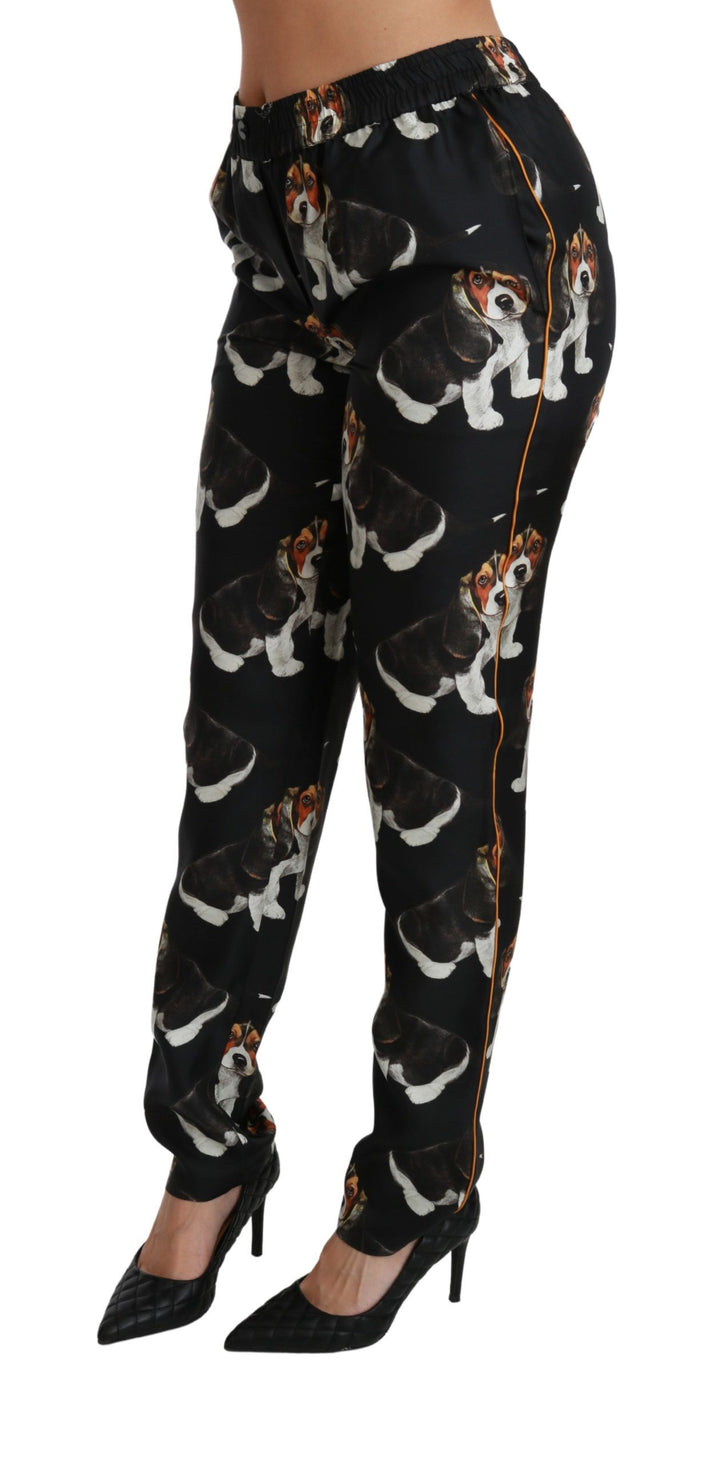 Elegant silk trousers with puppy dog print