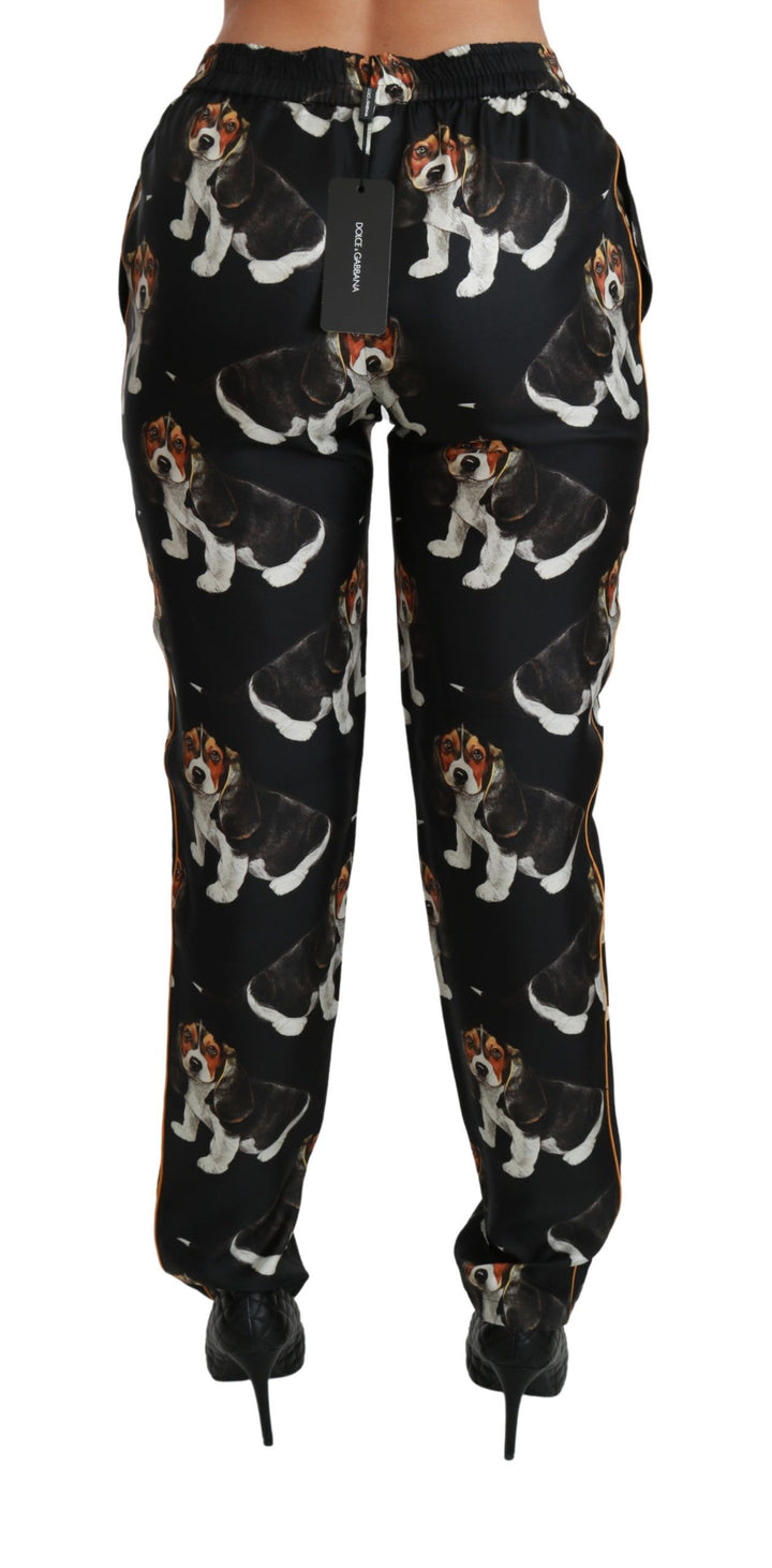 Elegant silk trousers with puppy dog print
