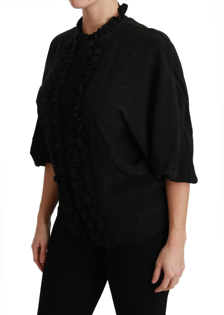 Elegant black silk blouse with short sleeves