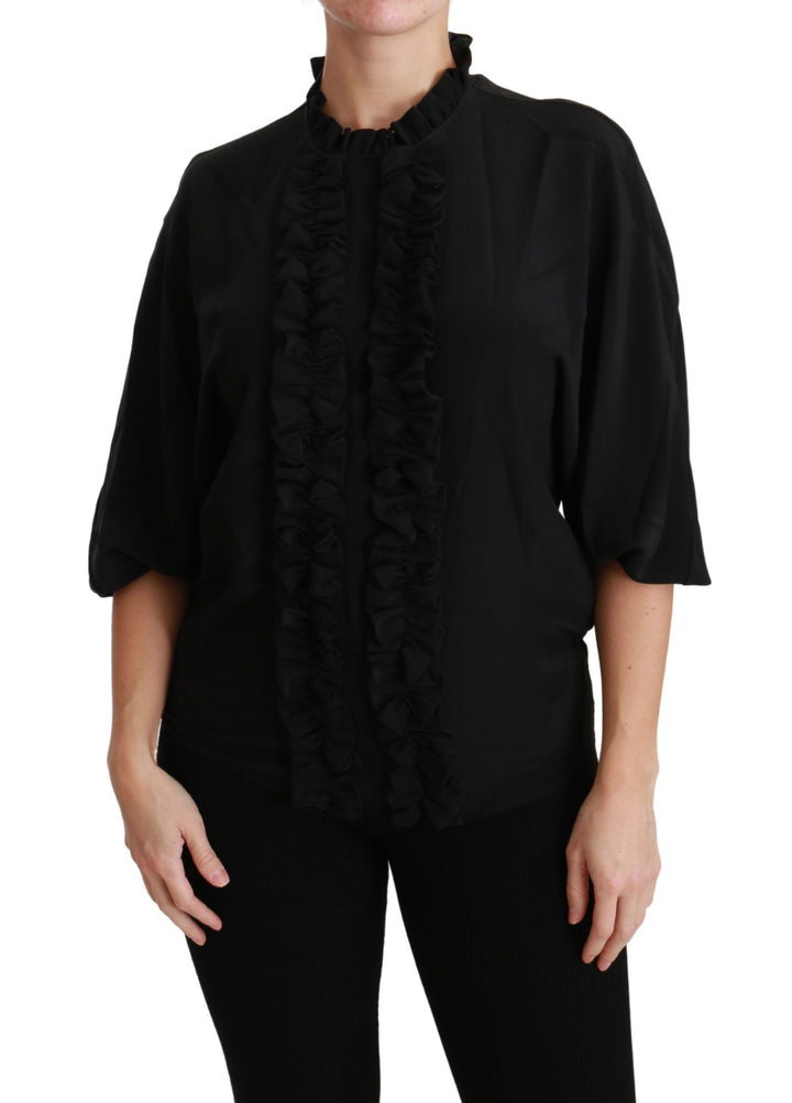 Elegant black silk blouse with short sleeves