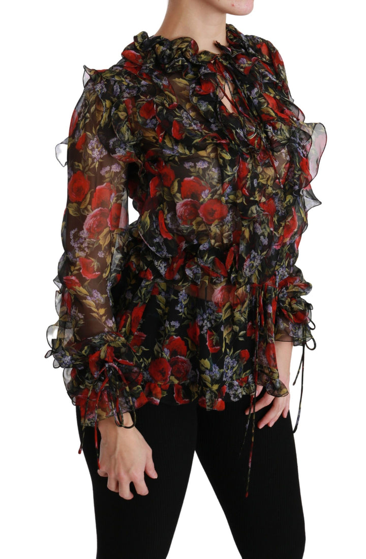 Elegant floral silk blouse with long sleeves