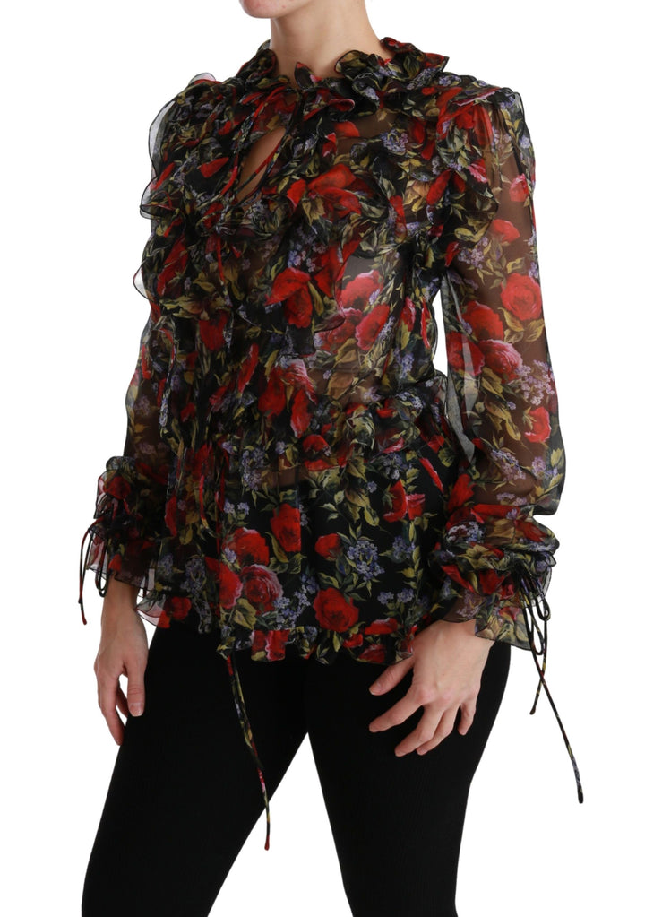 Elegant floral silk blouse with long sleeves