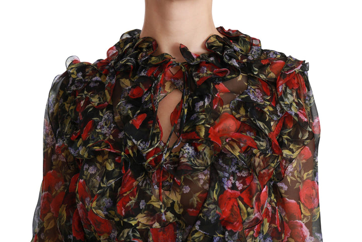 Elegant floral silk blouse with long sleeves