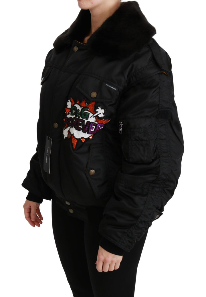 Schwarze Queen Crown Bomberjacke mit Pailletten