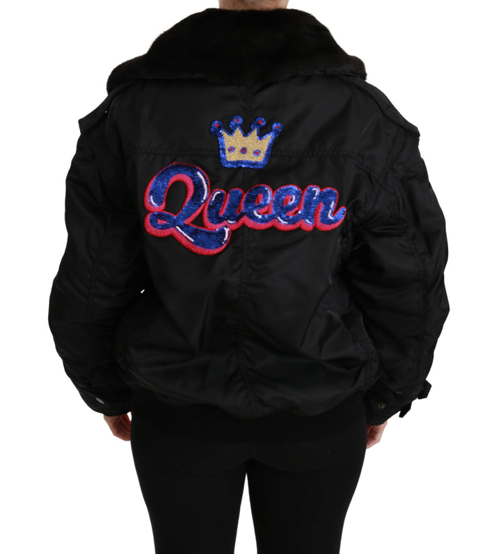Schwarze Queen Crown Bomberjacke mit Pailletten