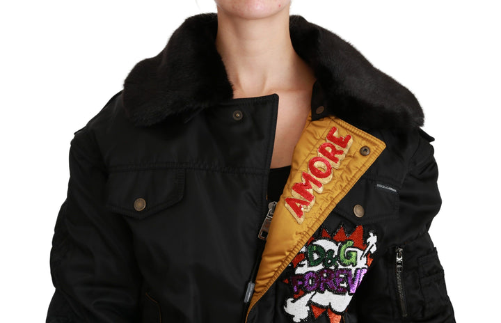 Schwarze Queen Crown Bomberjacke mit Pailletten