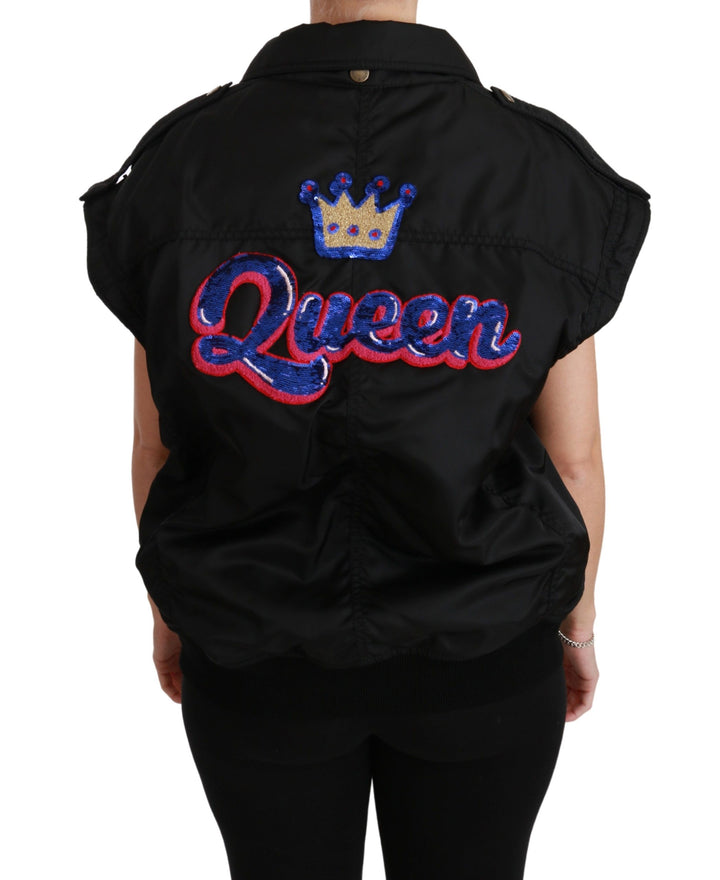 Schwarze Queen Crown Bomberjacke mit Pailletten
